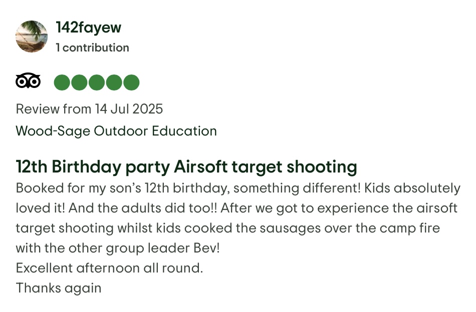 Screenshot of a TripAdvisor review with a 5-star rating, praising the experience and mentioning friendly staff, fun activities, and beautiful surroundings