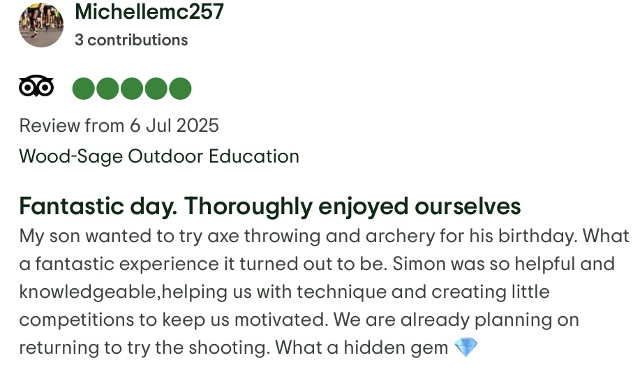 Screenshot of a TripAdvisor review with a 5-star rating, praising the experience and mentioning friendly staff, fun activities, and beautiful surroundings