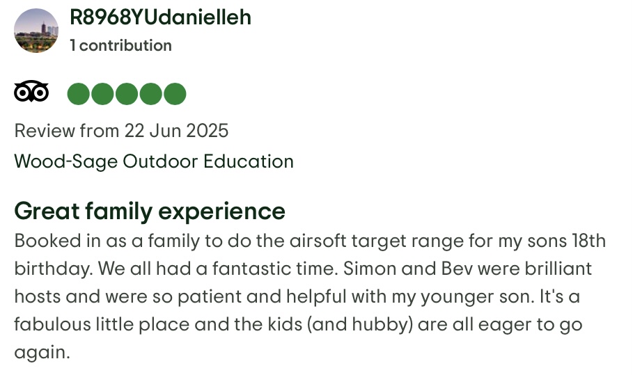 Screenshot of a TripAdvisor review with a 5-star rating, praising the experience and mentioning friendly staff, fun activities, and beautiful surroundings