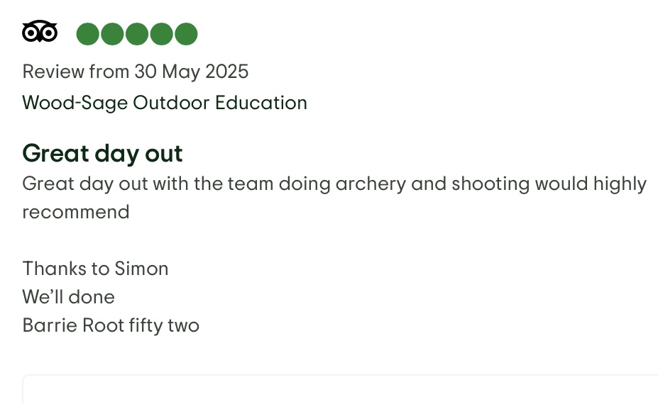 Screenshot of a TripAdvisor review with a 5-star rating, praising the experience and mentioning friendly staff, fun activities, and beautiful surroundings