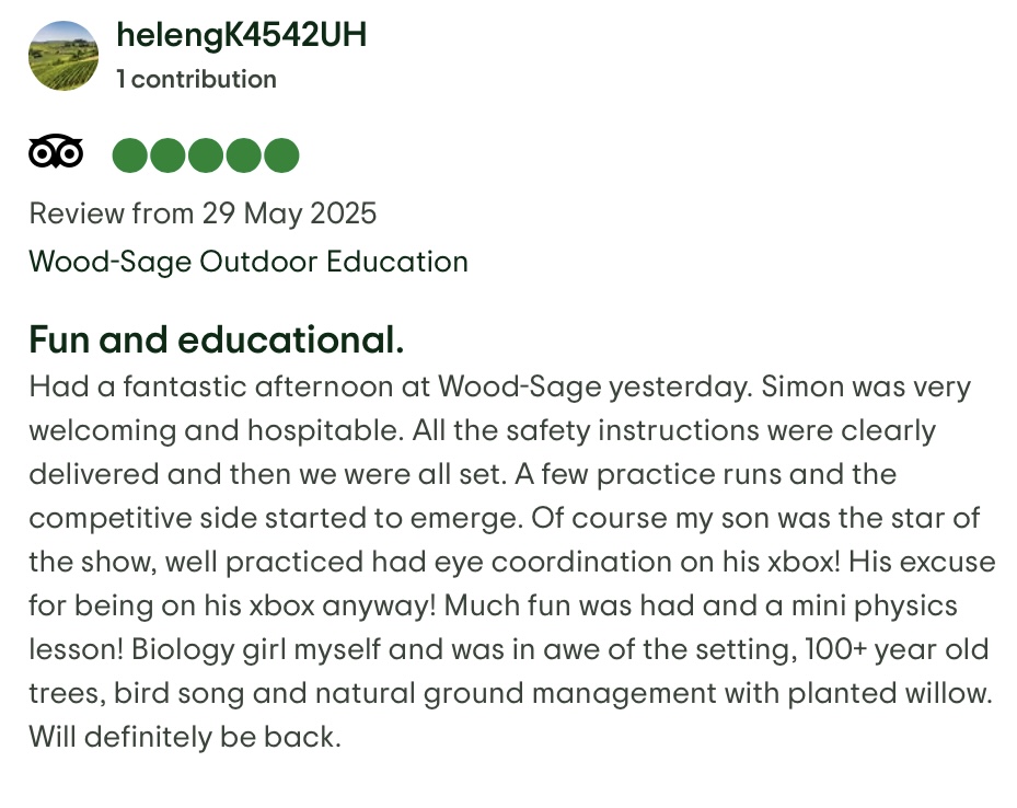 Screenshot of a TripAdvisor review with a 5-star rating, praising the experience and mentioning friendly staff, fun activities, and beautiful surroundings