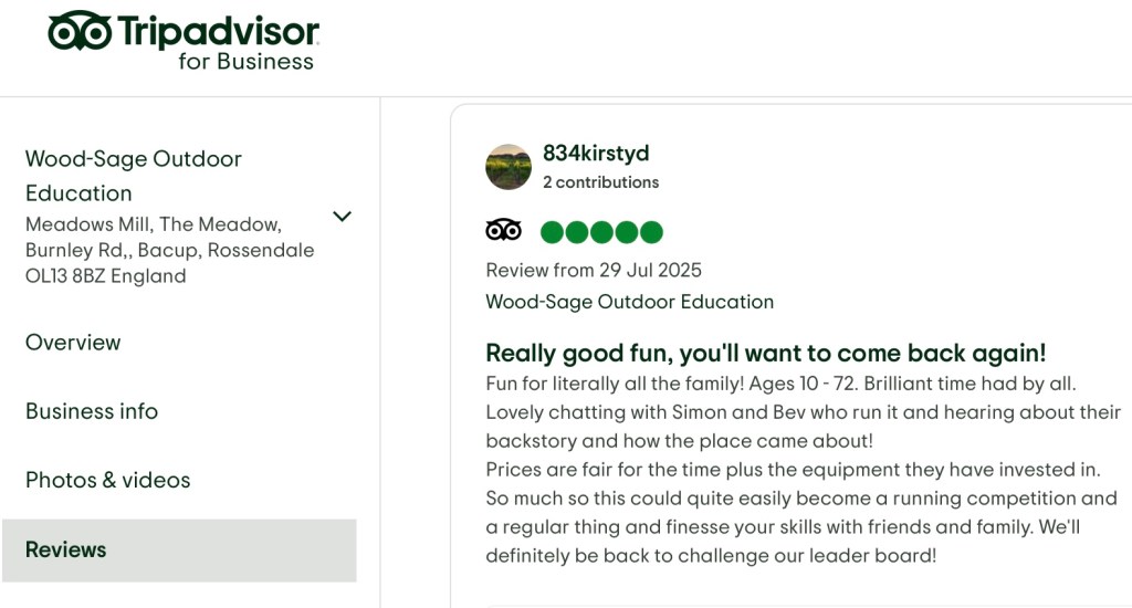 Screenshot of a TripAdvisor review with a 5-star rating, praising the experience and mentioning friendly staff, fun activities, and beautiful surroundings