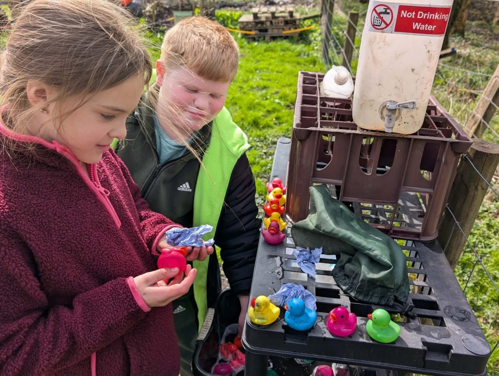 Children washing colourful rubber ducks during Easter HAF 2026 at Wood‑Sage Outdoor Education.